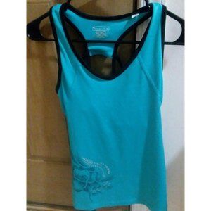 Womens Racer Back Athletic Shirt Small Tek Gear Teal Floral Print Yoga Work Out